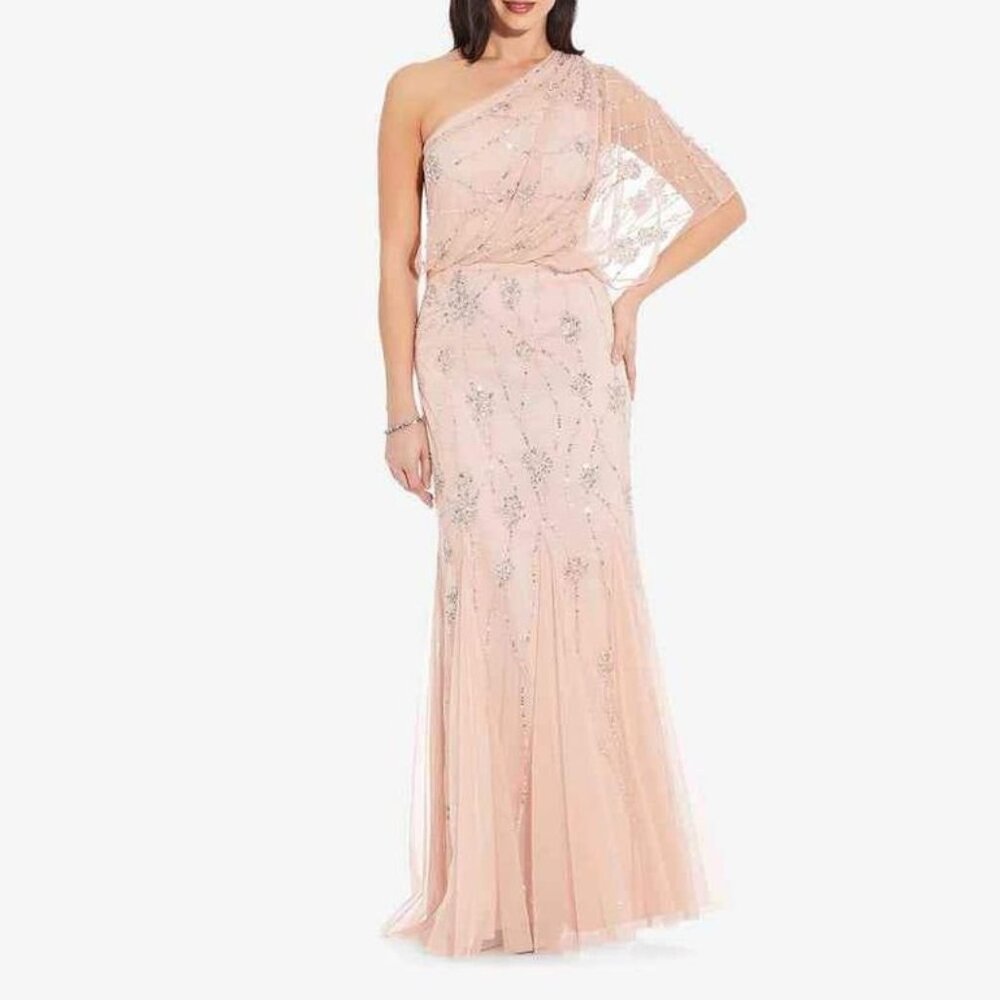 Adrianna Papell floor length beaded blush gown